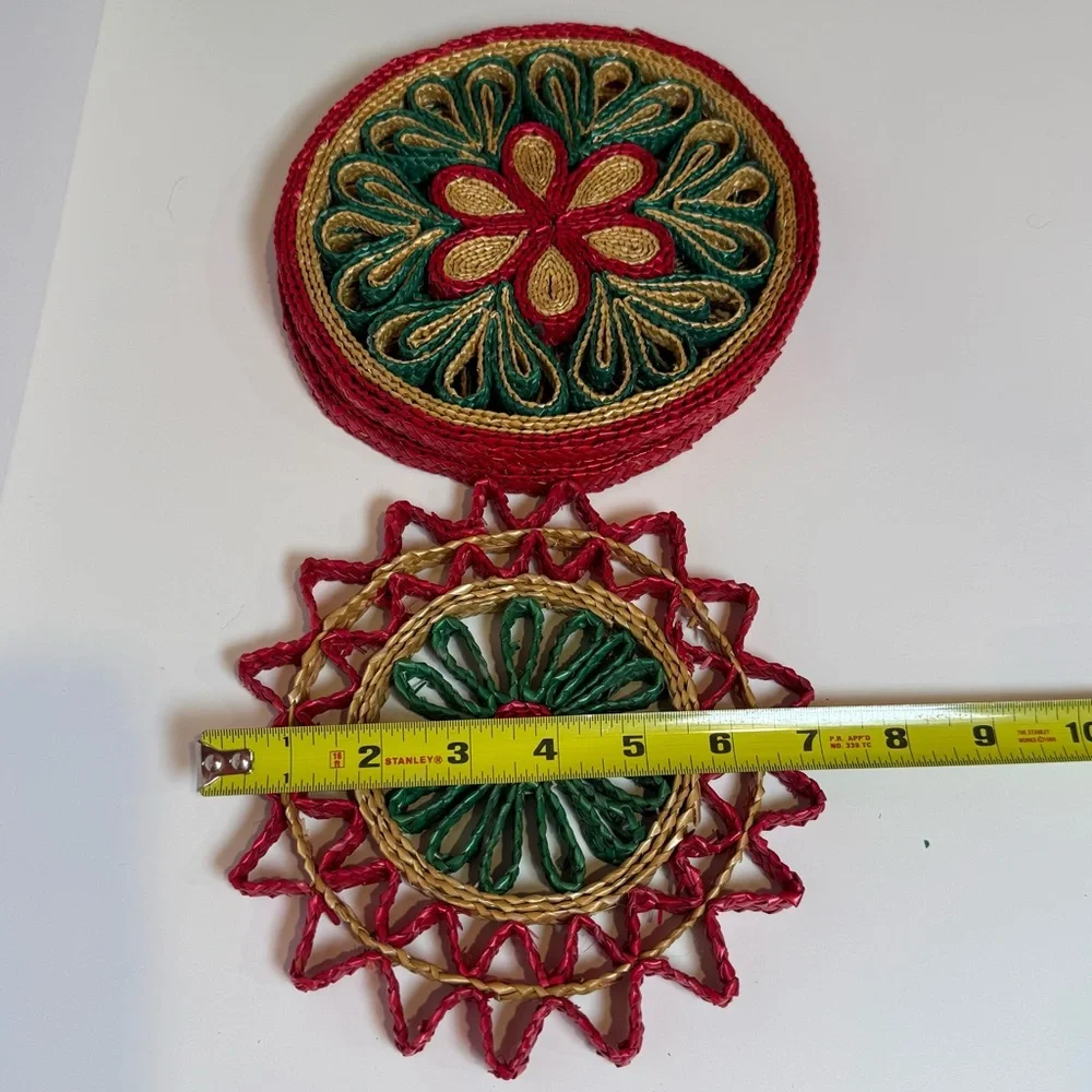 Red Green and Natural Colored Straw Trivets- Set of 3